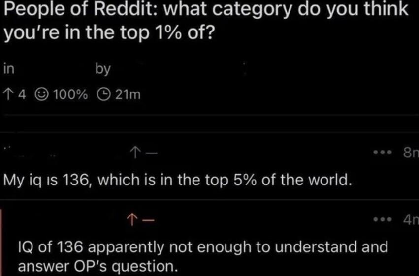 People of Reddit what category do you think B TH AR GER o I 7N in 5 T4 100 O 21m r s 8 My iq 1s 136 which is in the top 5 of the world wes 1Q of 136 apparently not enough to understand and answer OPs question