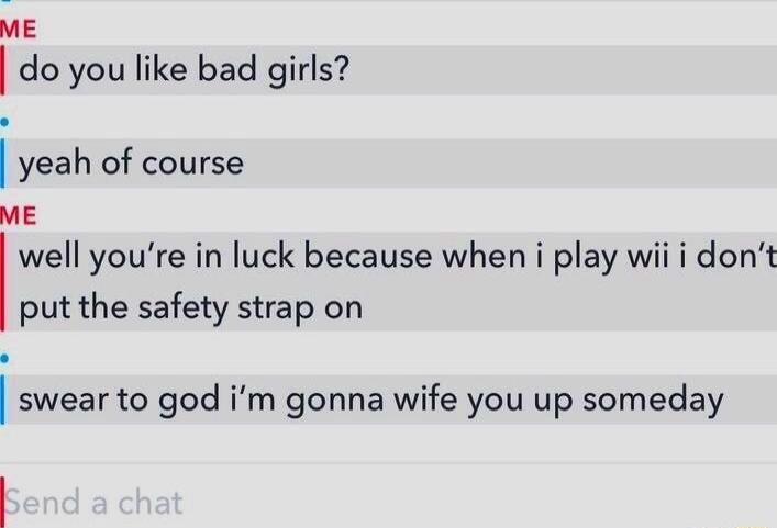 vE do you like bad girls yeah of course ME well youre in luck because when i play wii i dont put the safety strap on swear to god im gonna wife you up someday