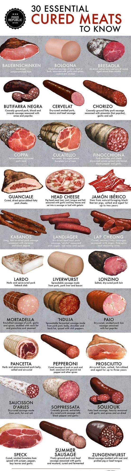 30 ESSENTIAL CURED MEATS TO KNOW BUTIFARRA NEGRA CERVELAT CHORIZO Coarsely ground pork blood ond Dry ured smoked pork Coarsely ground foy pork saviage ety oo eoent i bokan and beet soviage erened i pend e o GUANCIALE HEAD CHEESE JAMON IBERICO Cond didicabedioy T oo oot Ham from noturaloraging black ond lbarian pigs soted ond aged for ot o stage bk wth gl up fo tw years L LARDO LIVERWURST LONZINO H