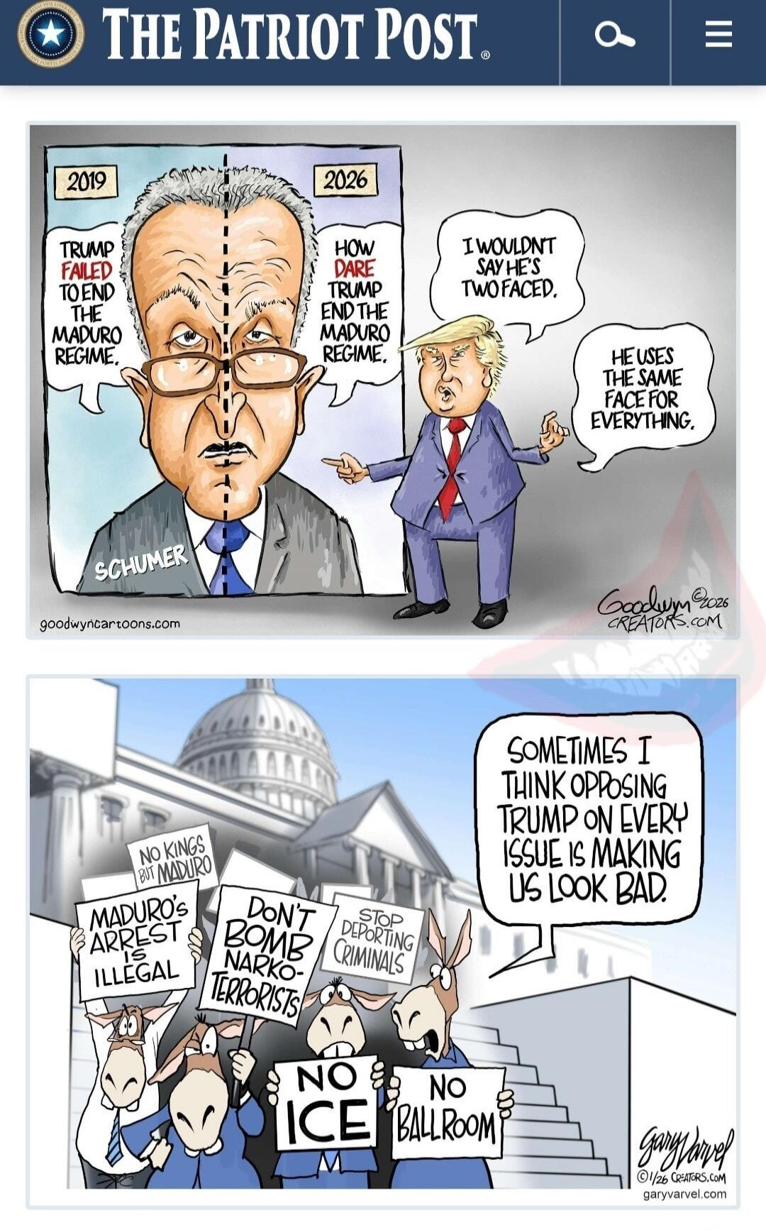 Top left panel: 2019 2026. TRUMP FAILED TO END THE MADURO REGIME. HOW DARE TRUMP END THE MADURO REGIME. I WOULDN'T SAY HE'S TWO-FACED. HE USES THE SAME FACE FOR EVERYTHING. Bottom panel: A crowd of protesters on the steps of a government building holding signs: NO KINGS, NO MADURO; MADURO'S ARREST IS ILLEGAL; DON'T BOMB NARCO- TERRORISTS; STOP DEPO