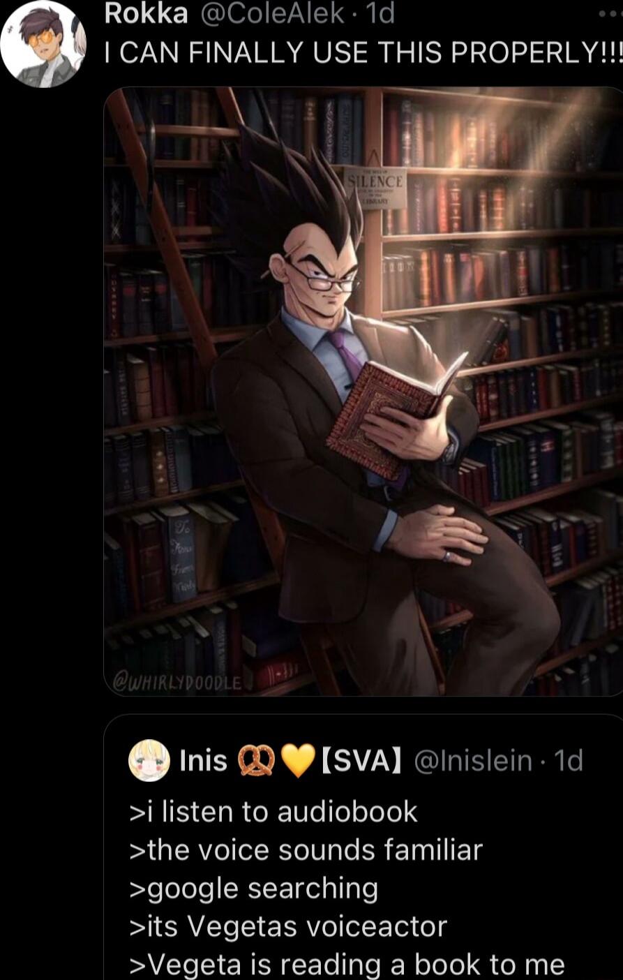 Rokka ColeAlek 1d CAN FINALLY USE THIS PROPERLY PEE inis WY ISVA hnislein 1d i listen to audiobook the voice sounds familiar google searching AT T ERRV oL Te o Vegeta is reading a book to me