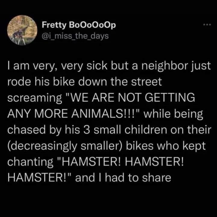 Fretty BoOoOoOp i_miss_the days am very very sick but a neighbor just rode his bike down the street screaming WE ARE NOT GETTING ANY MORE ANIMALS while being chased by his 3 small children on their decreasingly smaller bikes who kept chanting HAMSTER HAMSTER HAMSTER and had to share