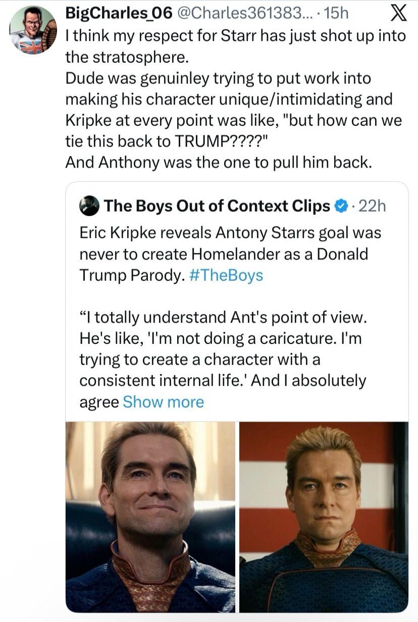 I think my respect for Starr has just shot up into the stratosphere. Dude was genuinely trying to put work into making his character unique/intimidating and Kripke at every point was like, 