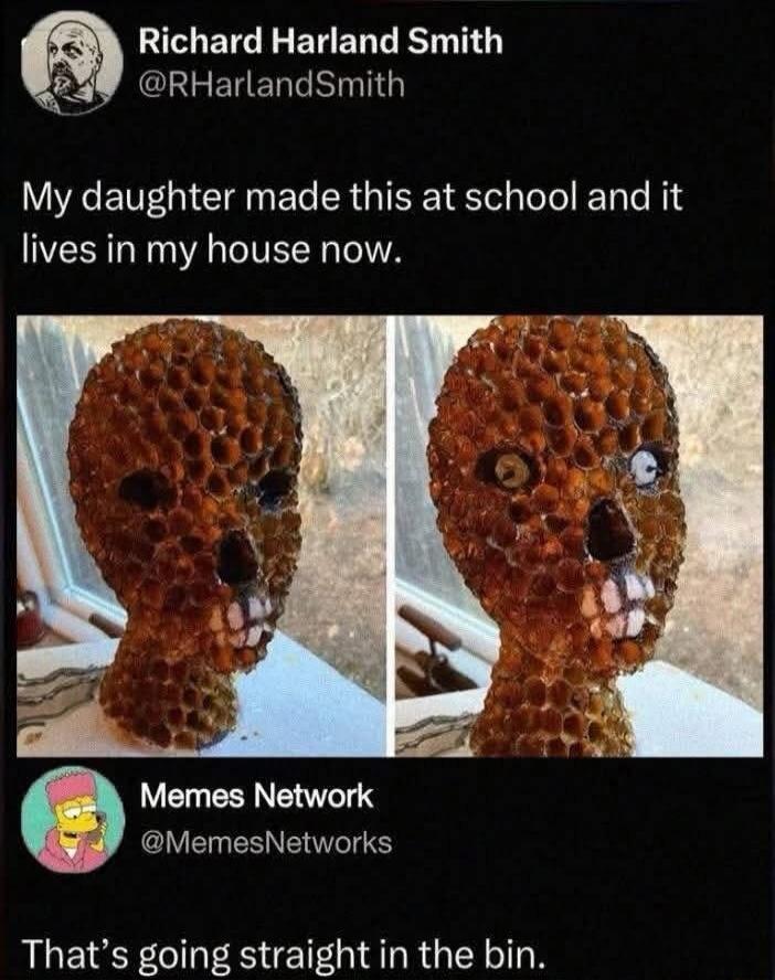 My daughter made this at school and it lives in my house now.
That’s going straight in the bin.