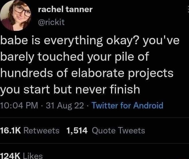 rachel tanner k rickit babe is everything okay youve barely touched your pile of hundreds of elaborate projects you start but never finish 1004 PM 31 Aug 22 Twitter for Android 161K Retweets 1514 Quote Tweets 124K ikes