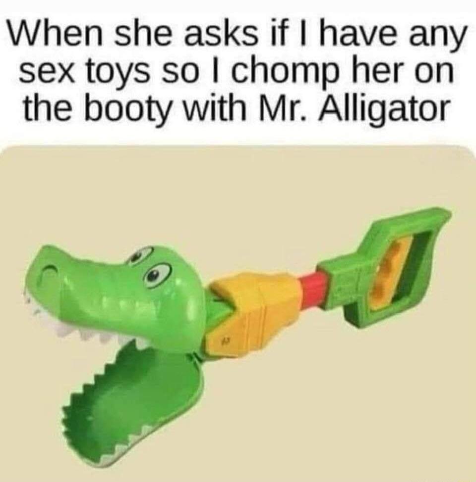 When she asks if have any sex toys so chomp her on the booty with Mr Alligator