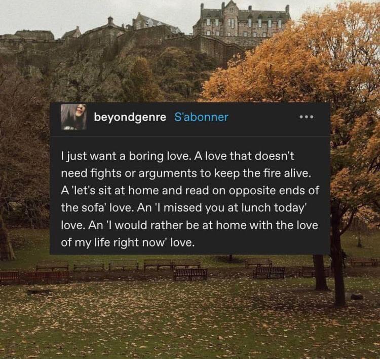 P Leyondgenre Sabonner 1just want a boring love A love that doesnt need fights or arguments to keep the fire alive Alets sit at home and read on opposite ends of the sofalove An l missed you at lunch today love An l would rather be at home with the love of my life right now love