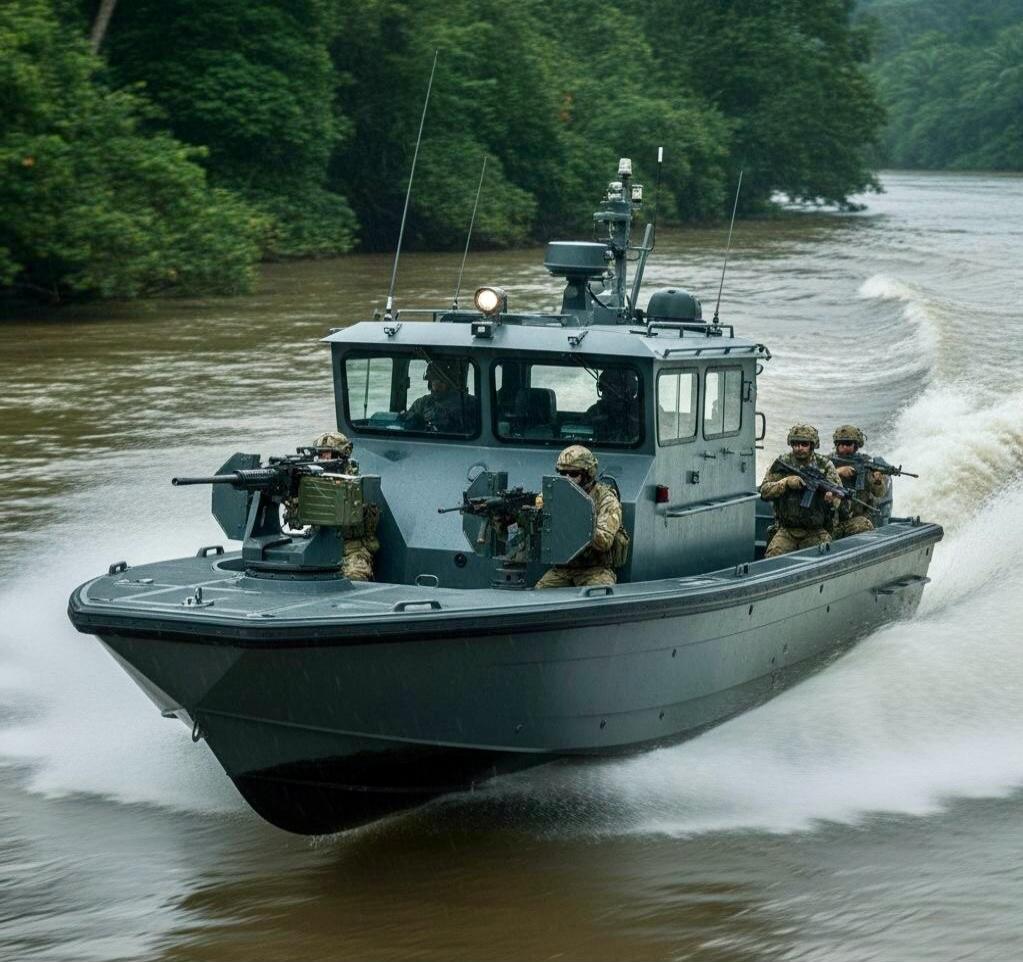 A gray military patrol boat speeding down a river with armed soldiers on board.