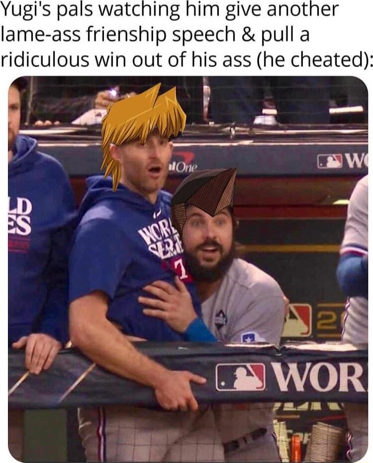 Yugis pals watching him give another lame ass frienship speech pull a ridiculous win out of his ass he cheated