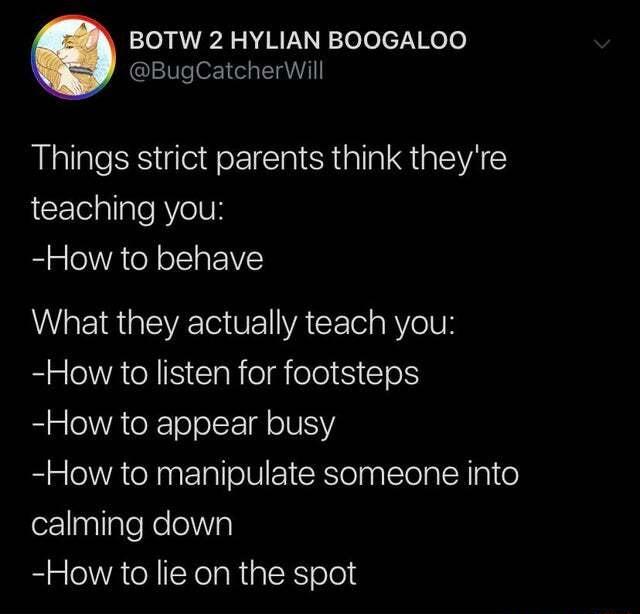 BOTW 2 HYLIAN BOOGALOO BugCatcherWill Things strict parents think theyre teaching you How to behave WWeE 1Ria VR G VET A G el aRYo VR How to listen for footsteps How to appear busy How to manipulate someone into feznallgteReloltV How to lie on the spot