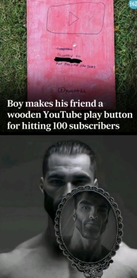 Boy makes his friend a wooden YouTube play button for hitting 100 subscribers