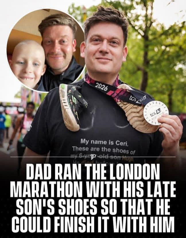 My name is Ceri. These are the shoes of my 6-year-old son Hugh. He died before... Dad ran the London Marathon with his late son's shoes so that he could finish it with him. The medal ribbon shows '2026' and 'tcs'.