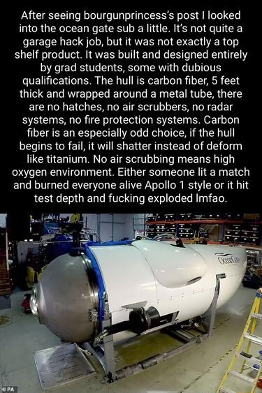 After seeing bourgunprincesss post looked into the ocean gate sub a little Its not quite a garage hack job but it was not exactly a top shelf product It was built and designed entirely by grad students some with dubious qualifications The hull is carbon fiber 5 feet QUL REN L L RV E R E R TR G are no hatches no air scrubbers no radar systems no fire protection systems Carbon fiber is an especially