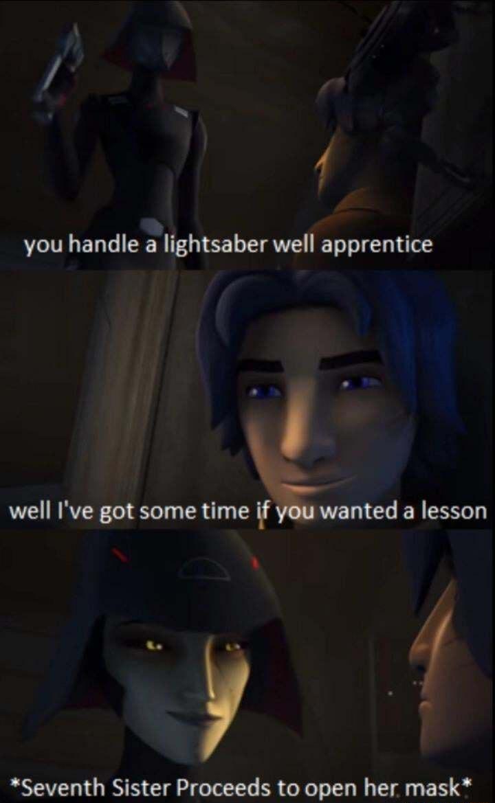 VLILERT lightsaber well apprentice well Ive got some time if you wanted a lesson Seventh Sister Proceeds to open her mask