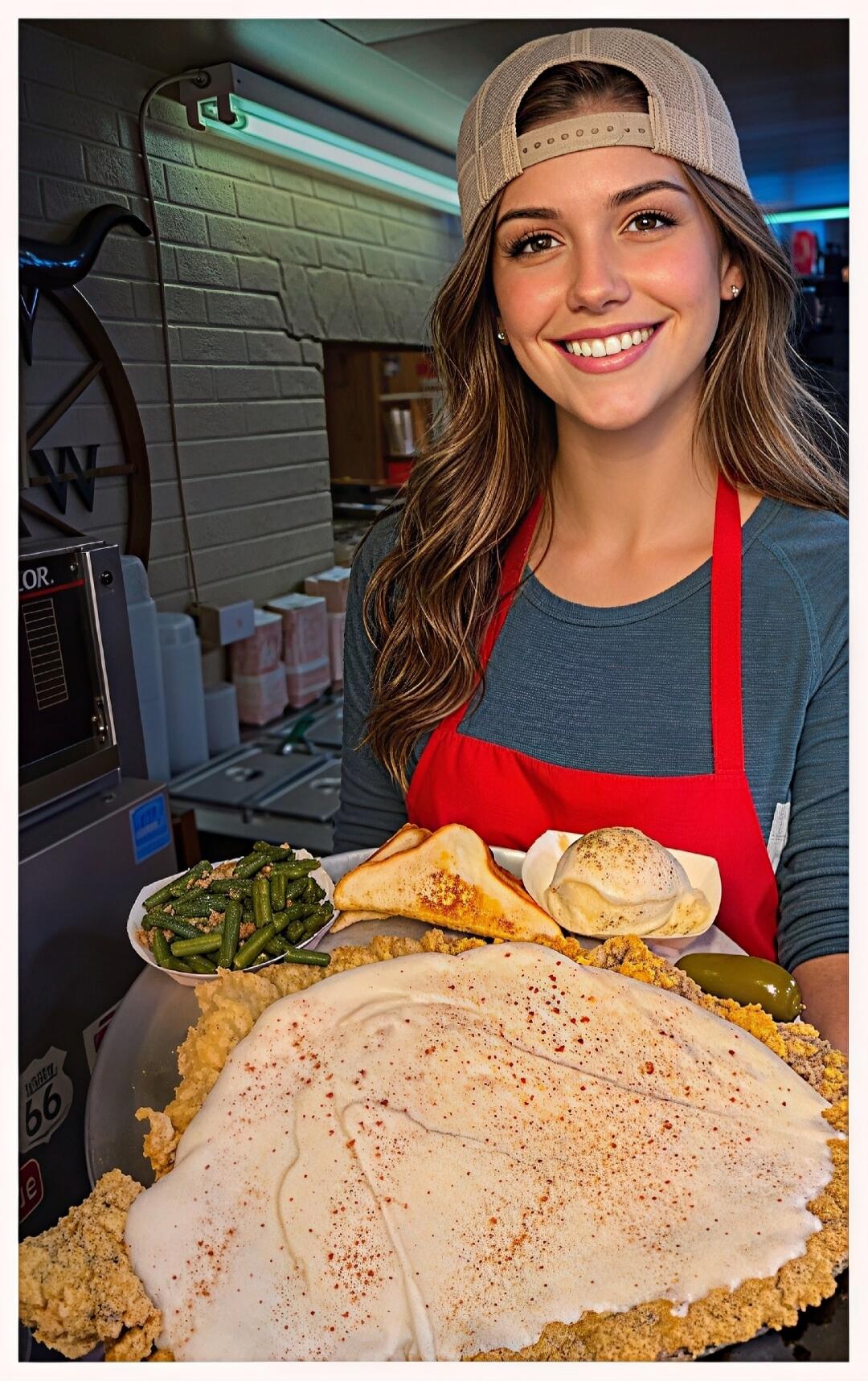 A smiling young woman in a baseball cap and red apron holds a large tray of food, including a huge chicken fried steak with gravy, green beans, toast, mashed potatoes, and a pickle. In the background, 'OR.' and 'Route 66' are partially visible.