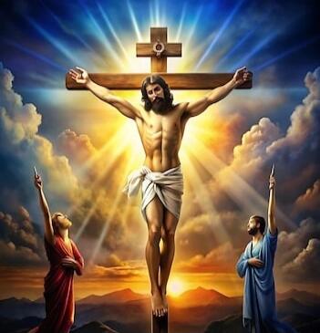 Religious depiction of the crucifixion of Jesus with two accompanying figures.