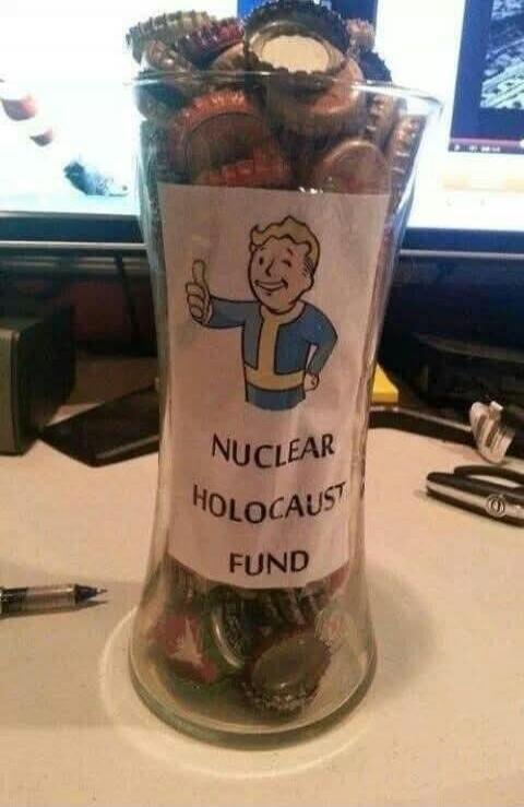 A glass jar filled with bottle caps, featuring a label with Vault Boy giving a thumbs up and the text 