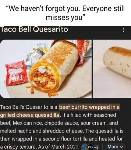 We havent forgot you Everyone still misses you zee Taco Bells Quesarito is a beef burrito wrapped in a grilled cheese quesadilla Its filled with seasoned beef Mexican rice chipotle sauce sour cream and melted nacho and shredded cheese The quesadilla is then wrapped in a second flour tortilla and heated for a crispy texture As of March 20 w2 More v