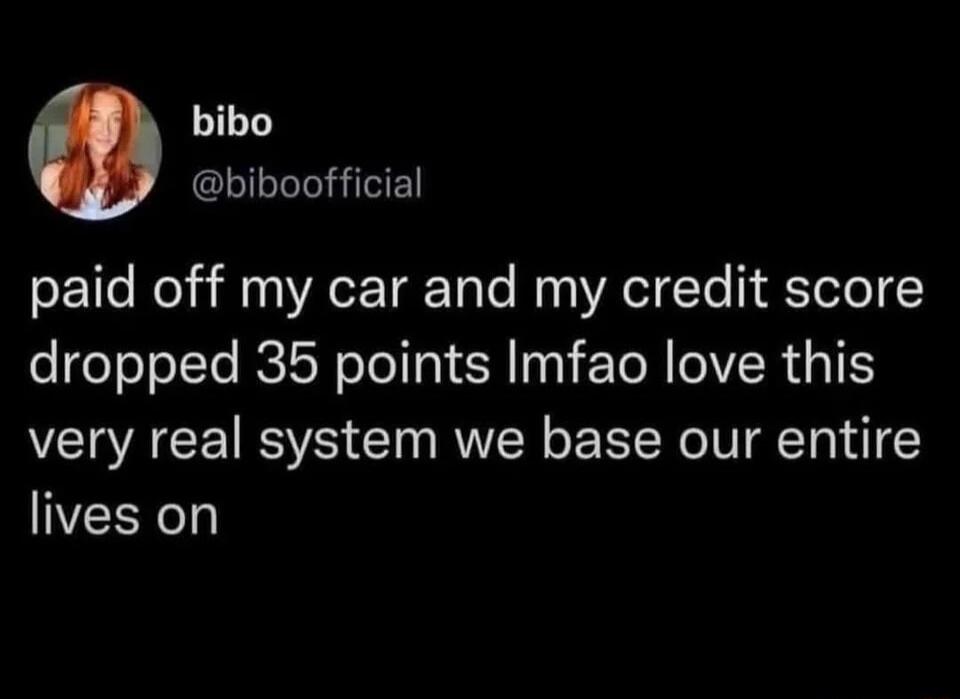 bibo @biboofficial paid off my car and my credit score dropped 35 points lmfao love this very real system we base our entire lives on