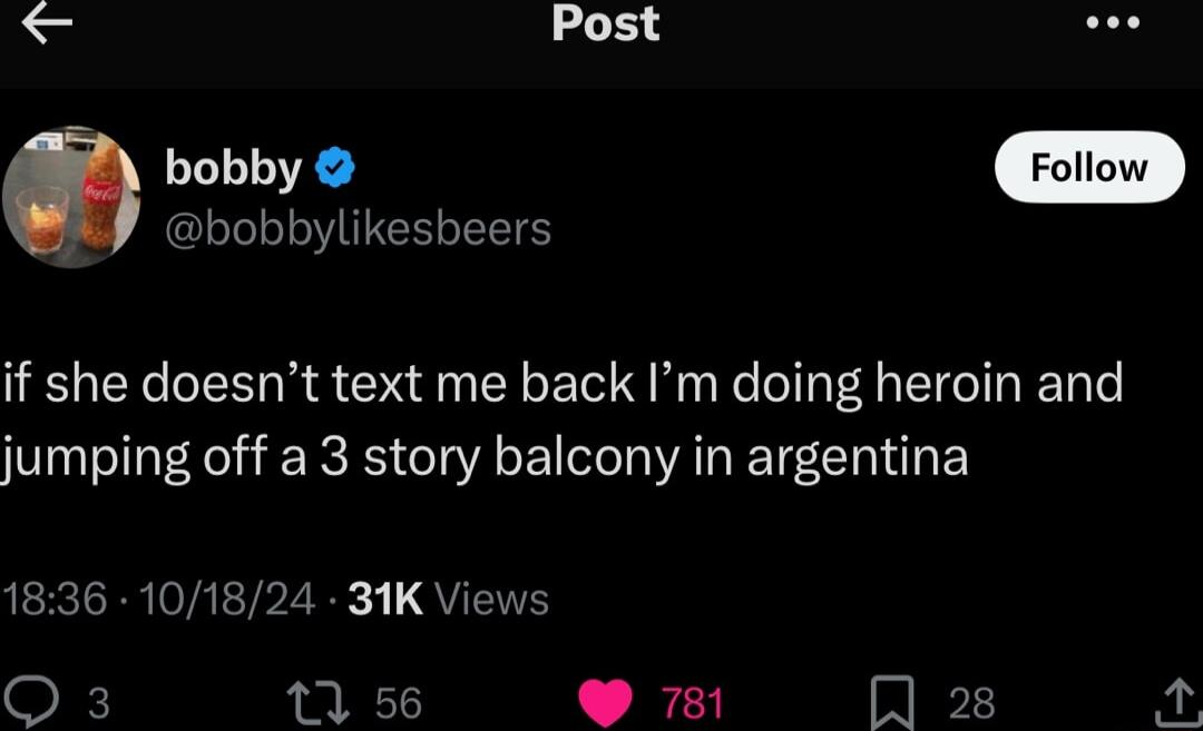 b Post Se bobiy bobbylikesbeers if she doesnt text me back Im doing heroin and jumping off a 3 story balcony in argentina 1836 101824 31K Views Q3 11 56 781 Im