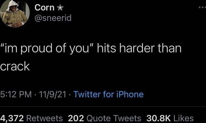 Corn CELEENL im proud of you hits harder than crack 512 PM 11921 Twitter for iPhone 4 372 Retweets 202 Quote Tweets 308K Likes