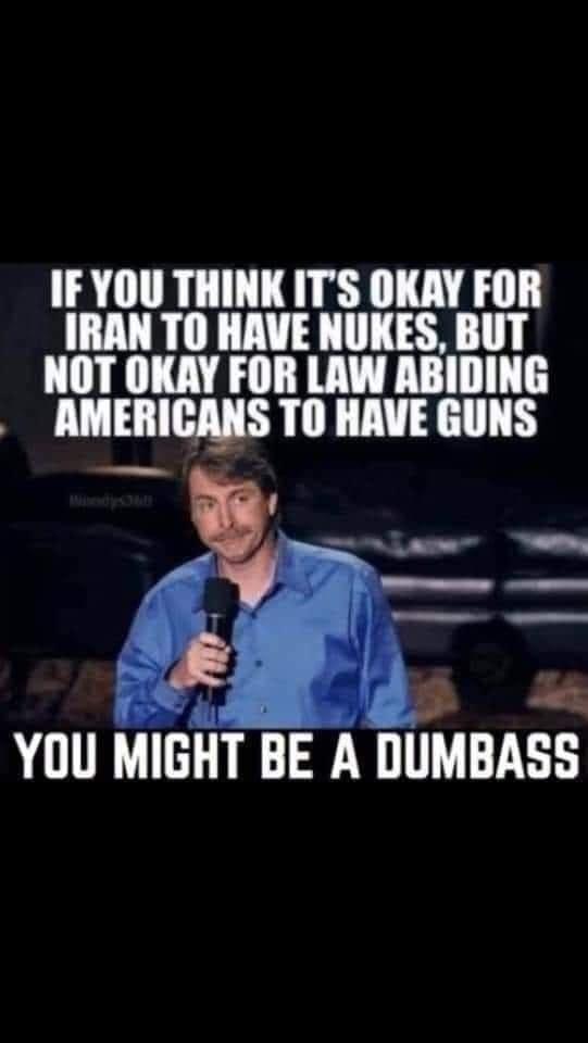 IFYOU THINK ITS OKAY FOR IRAN TO HAVE NUKES BUT NOT OKAY FOR LAW ABIDING AMERICANS TO HAVE GUNS YOU MIGHT BE A DUMBASS