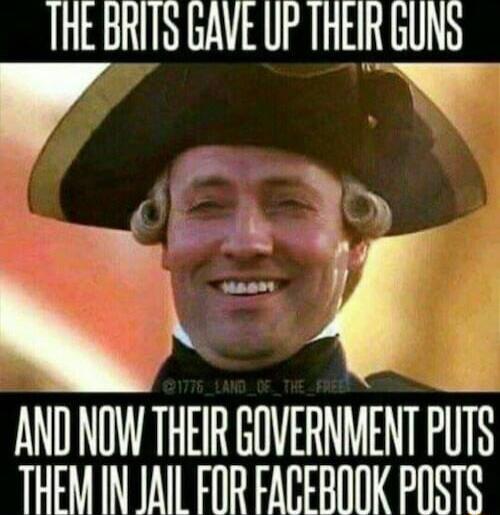 Tt BRITS GAVE UP EIR GUNS Wy N AND NOW THEIR GOVERNMENT PUTS THEMIN JAN FOR FACEBOOK POSTS