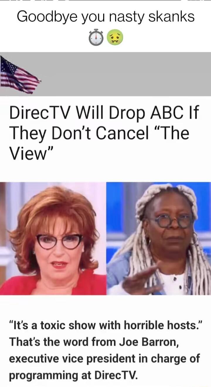 Goodbye you nasty skanks 6 DirecTV Will Drop ABC If They Dont Cancel The View Its a toxic show with horrible hosts Thats the word from Joe Barron executive vice president in charge of programming at DirecTV