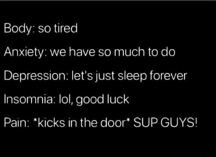 Body so tired Anxiety we have so much to do Depression lets just sleep forever aSelnTaIE M o e Tolole R IVIoIS Pain kicks in the door SUP GUYS
