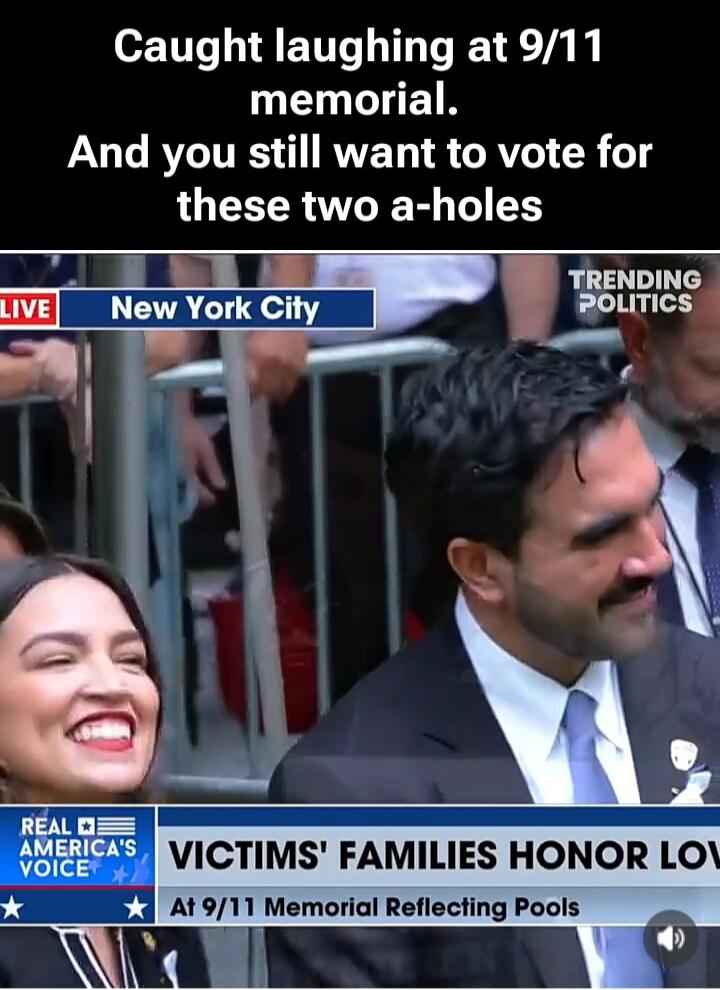 Caught laughing at 9/11 memorial. And you still want to vote for these two a-holes. LIVE New York City. TRENDING POLITICS. REAL AMERICA'S VOICE. VICTIMS' FAMILIES HONOR LOVE. At 9/11 Memorial Reflecting Pools.