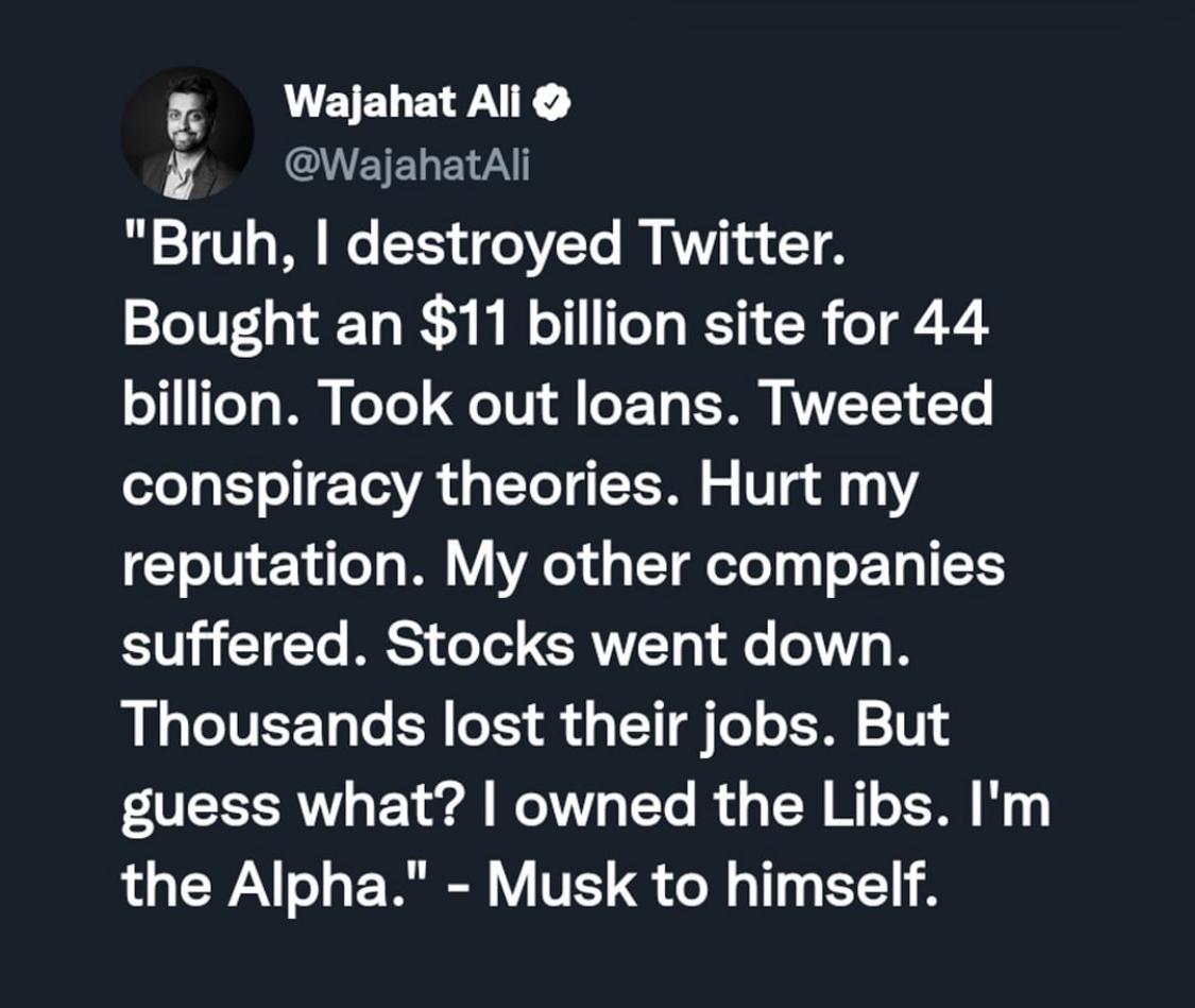 Wajahat Al Wajahatal TV R I S O VT T T Bought an 11 billion site for 44 billion Took out loans Tweeted conspiracy theories Hurt my reputation My other companies BV CICT S G T CRNTET e T Thousands lost their jobs But guess what owned the Libs Im the Alpha Musk to himself
