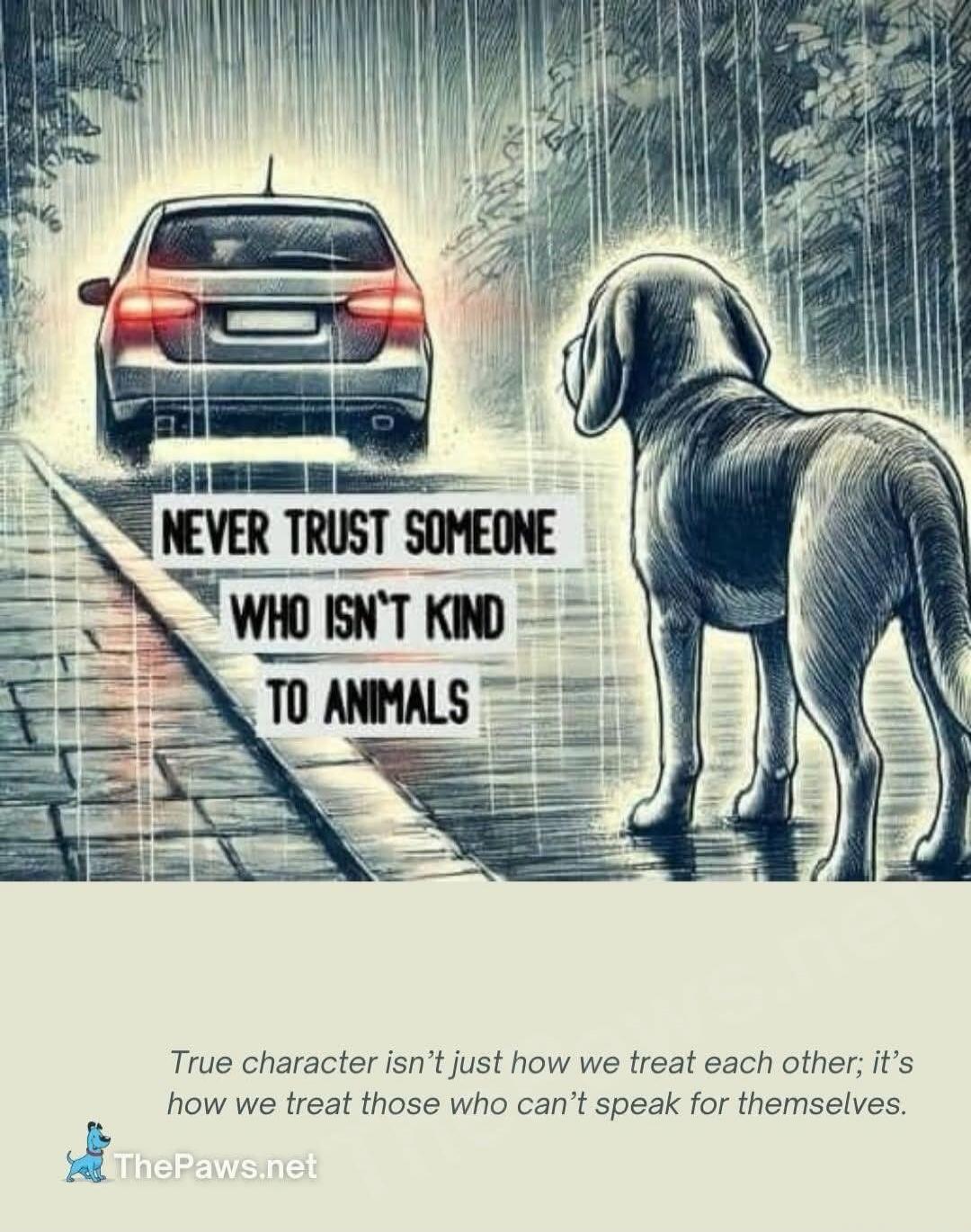 NEVER TRUST SOMEONE WHO ISN'T KIND TO ANIMALS. True character isn't just how we treat each other; it's how we treat those who can't speak for themselves. ThePaws.net