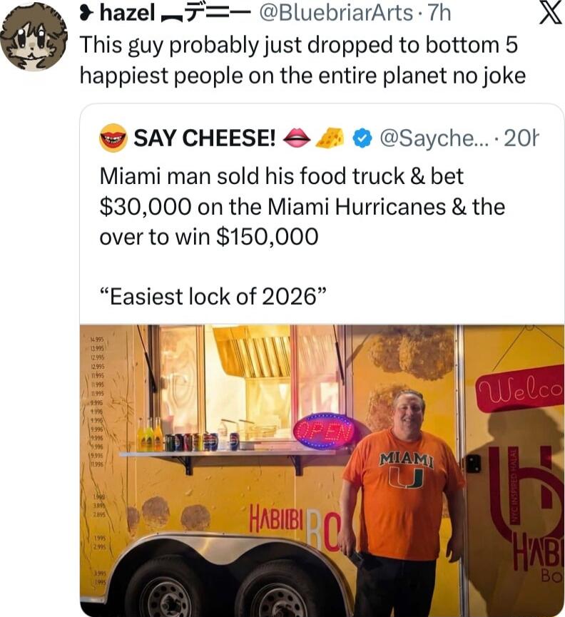 hazel ─ デニー @BluebriarArts 7h This guy probably just dropped to bottom 5 happiest people on the entire planet no joke SAY CHEESE! 🍔🏈 @Sayche... 20h Miami man sold his food truck & bet $30,000 on the Miami Hurricanes & the over to win $150,000 “Easiest lock of 2026”