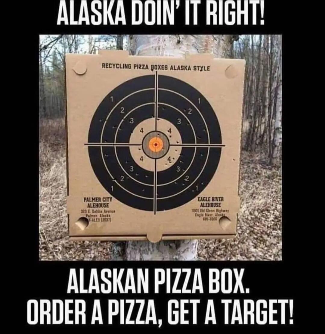 ALASKA DOIN’ IT RIGHT!
RECYCLING PIZZA BOXES ALASKA STYLE
ALASKAN PIZZA BOX. ORDER A PIZZA, GET A TARGET!