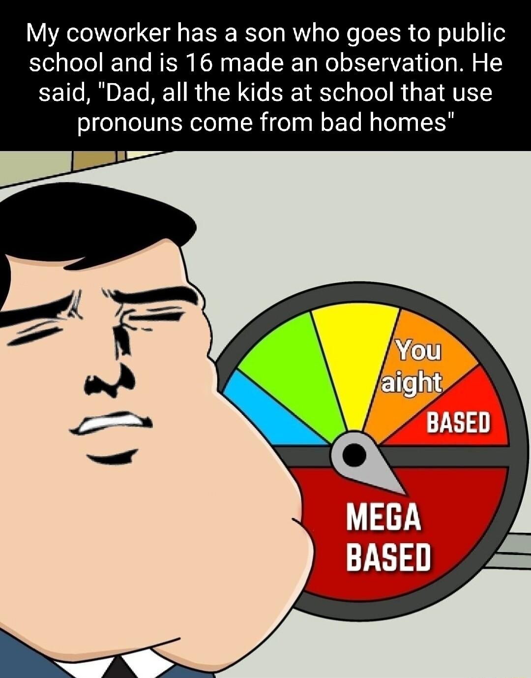 My coworker has a son who goes to public school and is 16 made an observation He EET R ET R RGN T o R VLT pronouns come from bad homes