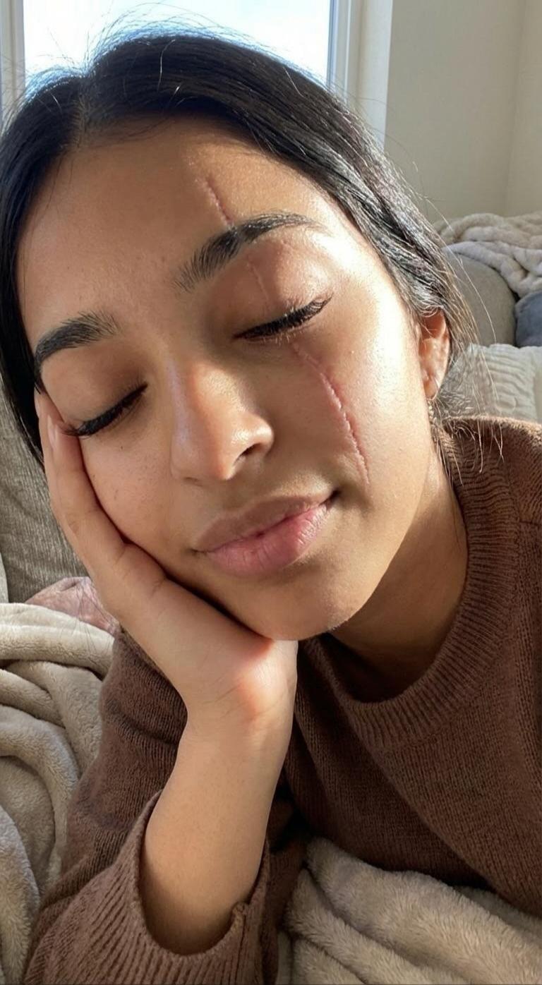 A woman resting with a visible facial scar running from her temple to her cheek.