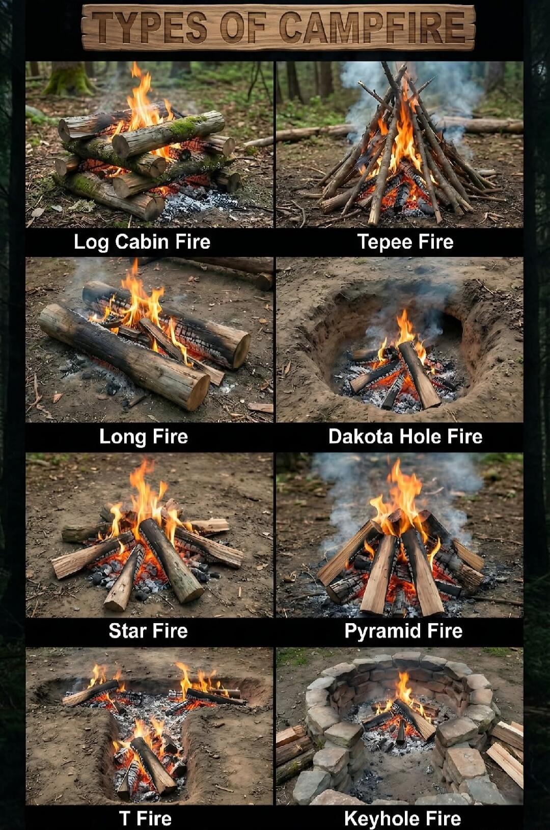 TYPES OF CAMPFIRE Log Cabin Fire Tepee Fire Long Fire Dakota Hole Fire Star Fire Pyramid Fire T Fire Keyhole Fire