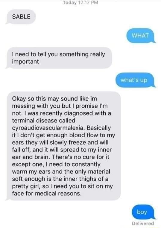 Today 1217 PM SABLE I need to tell you something really important Okay so this may sound like im messing with you but promise Im not was recently diagnosed with a terminal disease called cyroaudiovascularmalexia Basically if 1 dont get enough blood flow to my ears they will slowly freeze and will fall off and it will spread to my inner ear and brain Theres no cure for it except one need to constan