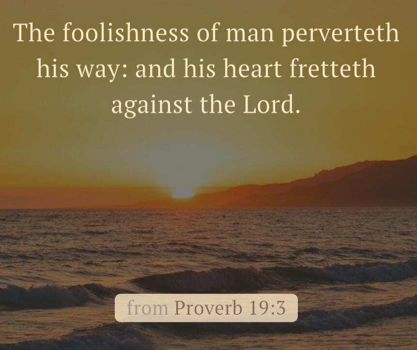 The foolishness of man perverteth his way: and his heart fretteth against the Lord. from Proverb 19:3
