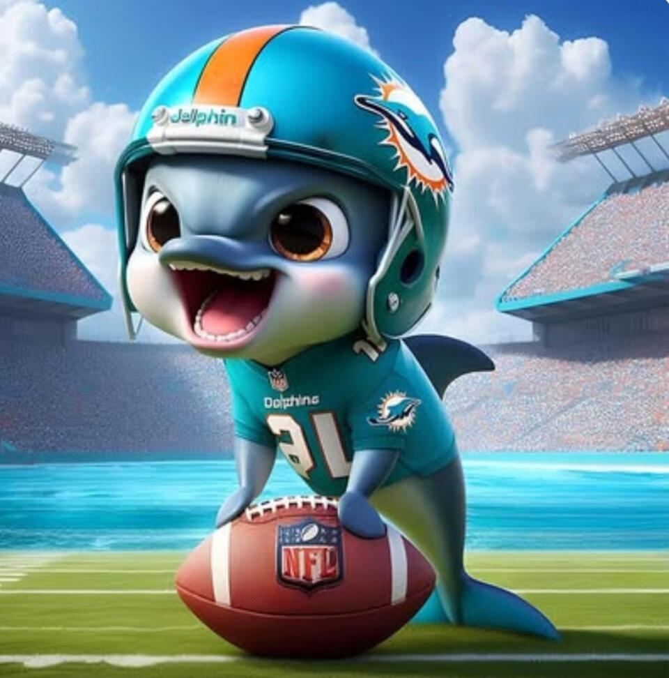 Cartoon dolphin mascot wearing teal football gear and a helmet, holding an NFL football on a stadium field.