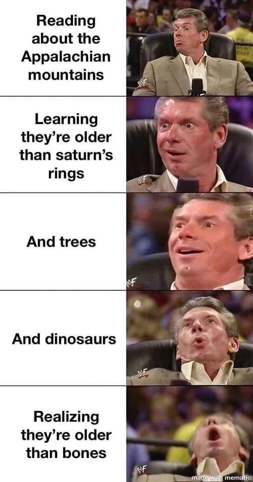 Reading about the Appalachian mountains Learning theyre older than saturns rings And trees And dinosaurs Realizing theyre older than bones
