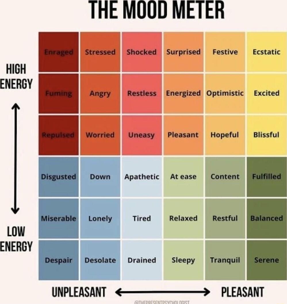 THE MOOD METER _ HIGH Y Angry Restless Energized Optimistic Excited E Uneasy Pleasant Hopeful Blissful Tired Relaxed Low UNPLEASANT PLEASANT