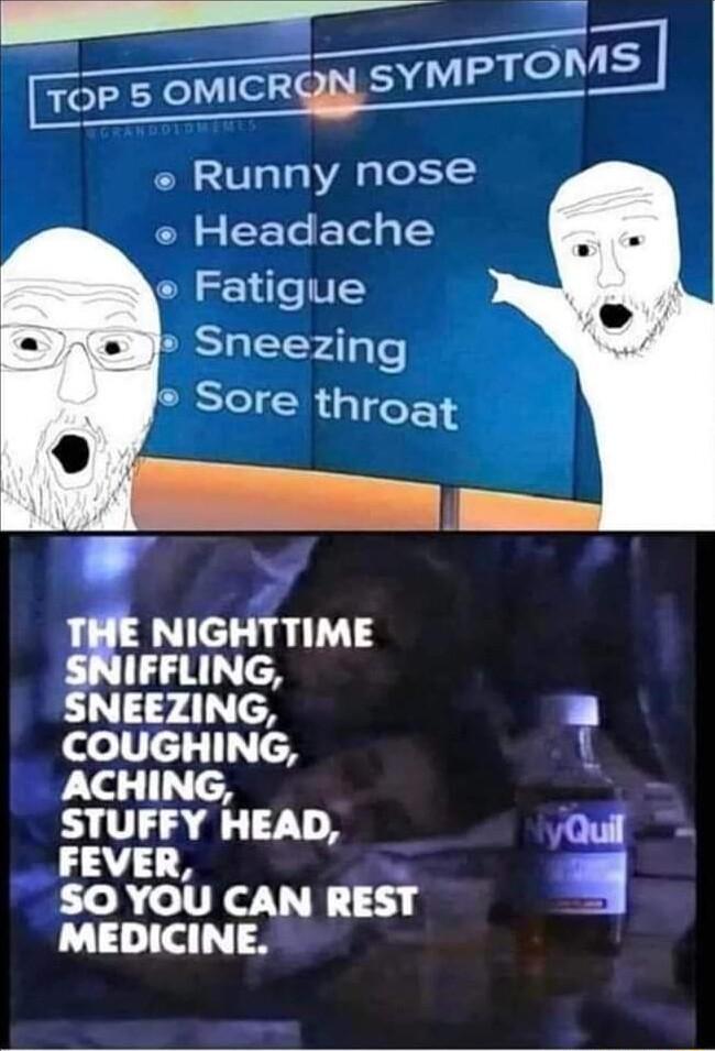 I OMS ToP 5 OMICRQN SYMPT Runny nose Headache NIGHTTIME IFFLING SNEEZING 4 COUGHING ACHING STUFFY HEAD Quil FEVER 1 SO YOU CAN REST MEDICINE
