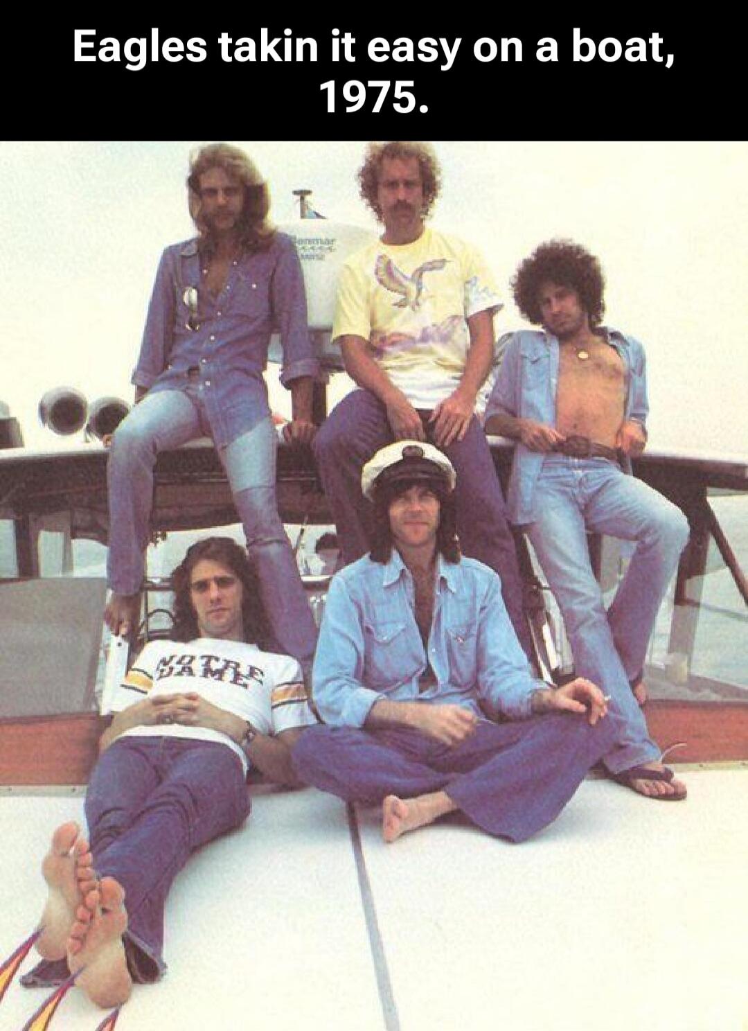 Eagles takin it easy on a boat, 1975.