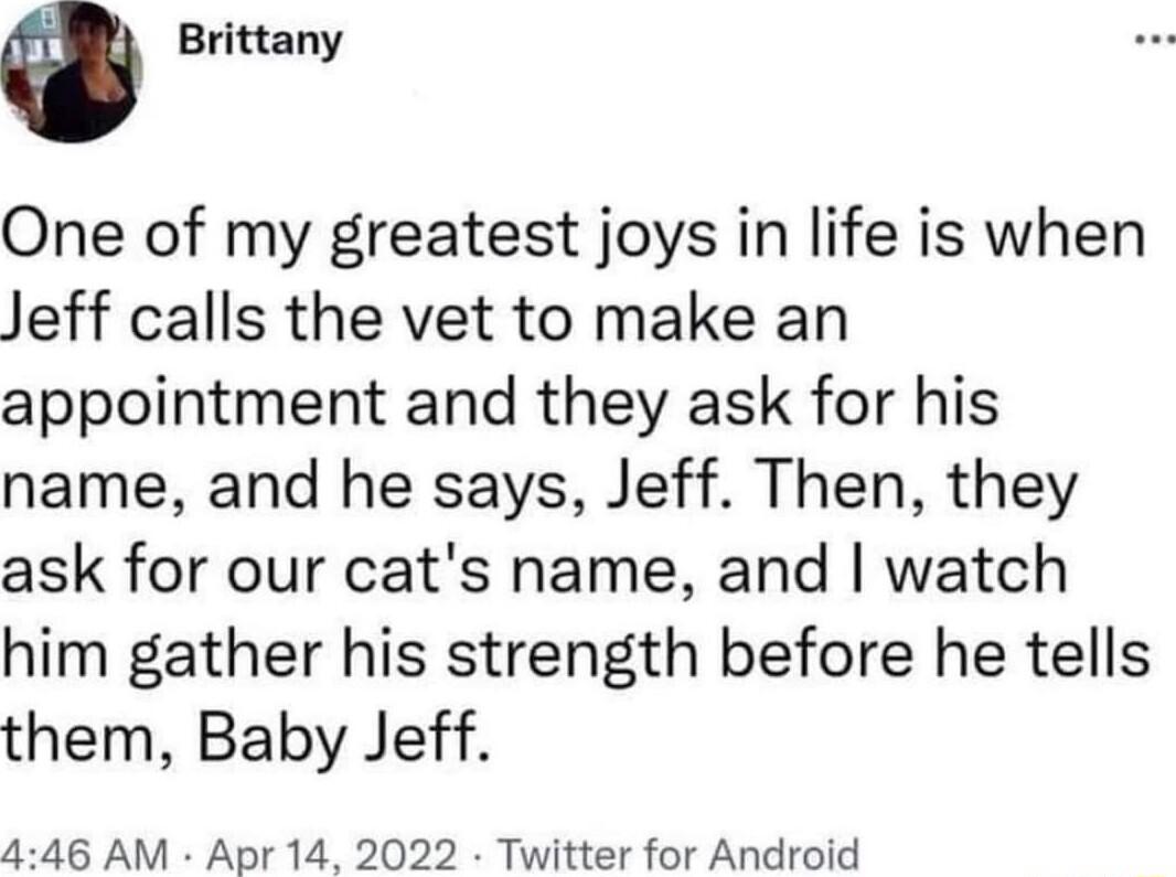 0 Brittany One of my greatest joys in life is when Jeff calls the vet to make an appointment and they ask for his name and he says Jeff Then they ask for our cats name and watch him gather his strength before he tells them Baby Jeff 446 AM Apr 14 2022 Twitter for Android