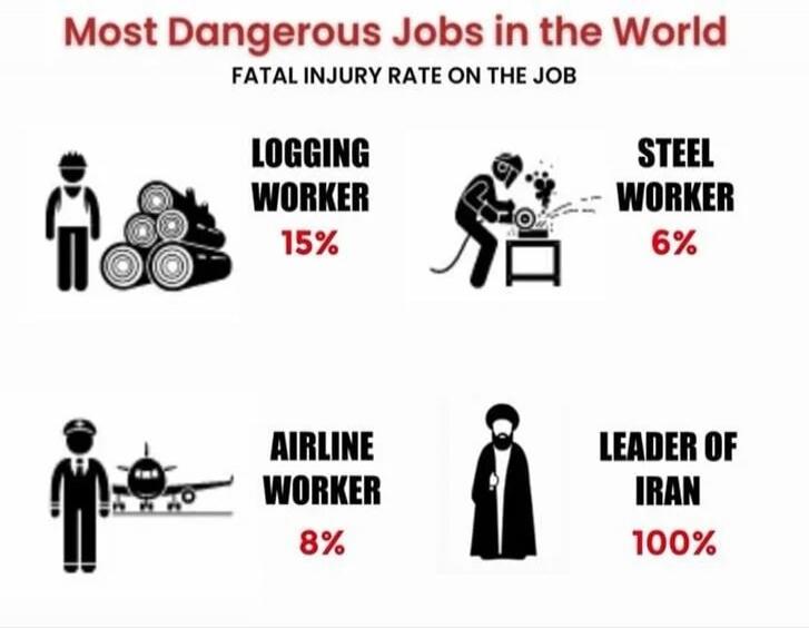 Most Dangerous Jobs in the World
FATAL INJURY RATE ON THE JOB
LOGGING WORKER 15%
STEEL WORKER 6%
AIRLINE WORKER 8%
LEADER OF IRAN 100%