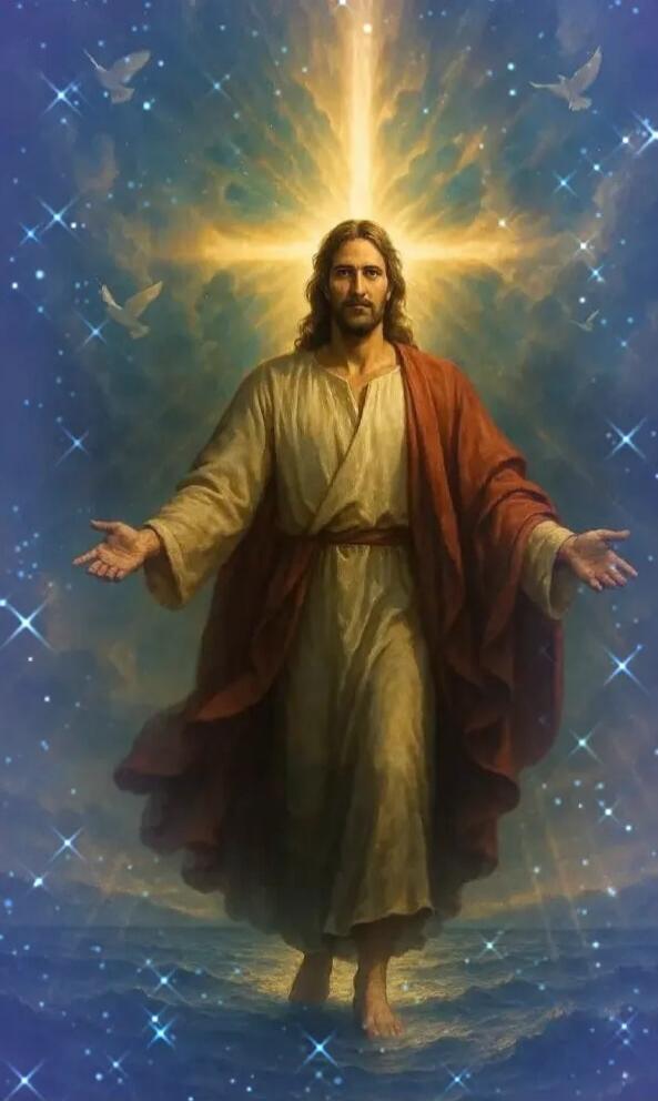 A digital artwork of Jesus walking on water with a glowing cross-like light behind him, surrounded by stars and doves.