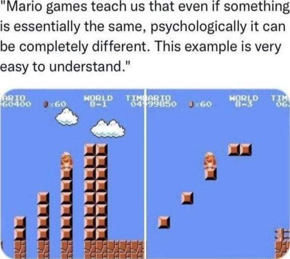 Mario games teach us that even if something is essentially the same psychologically it can be completely different This example is very easy to understand