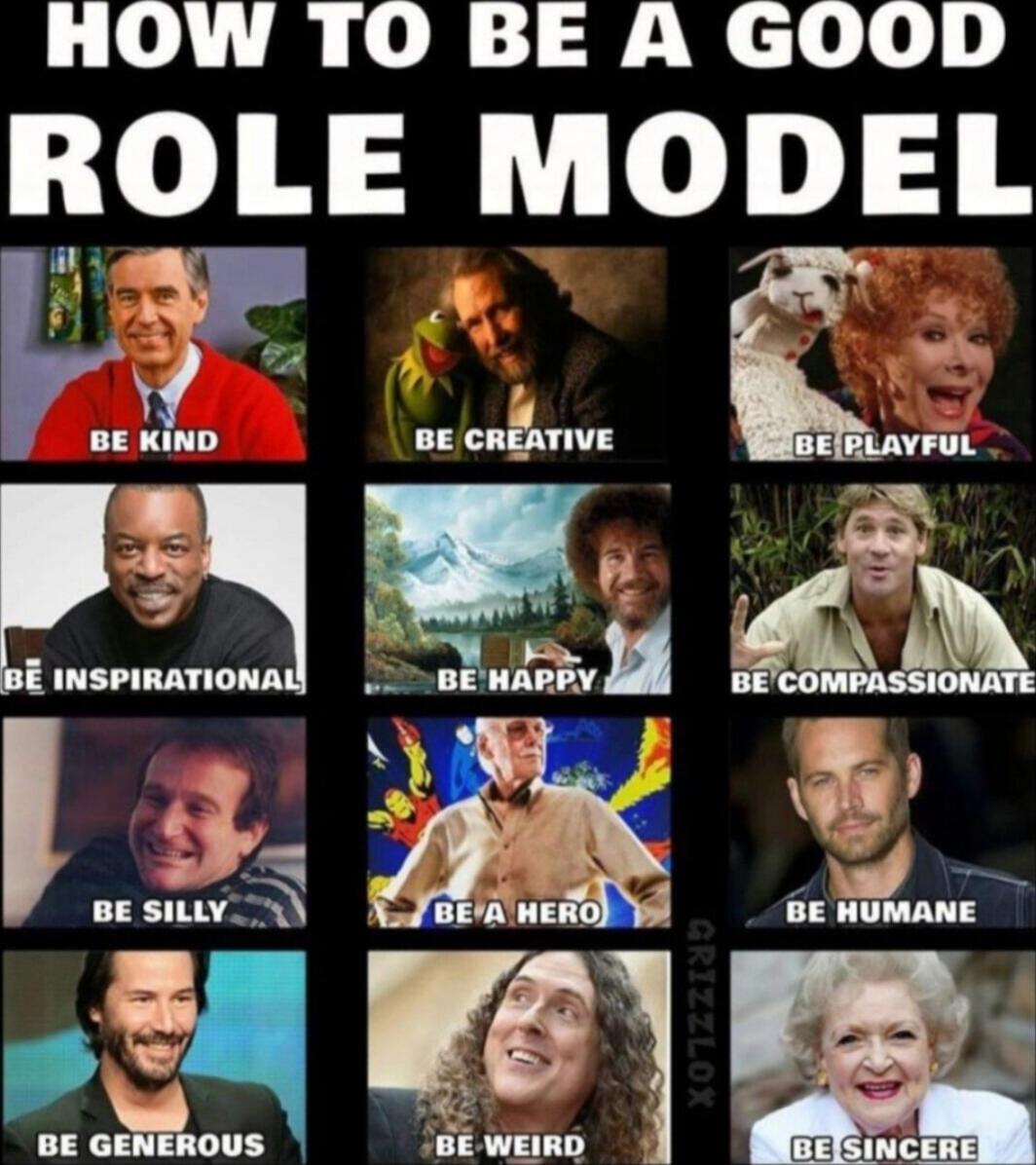 HOW TO BE A GOOD ROLE MODEL
BE KIND
BE CREATIVE
BE PLAYFUL
BE INSPIRATIONAL
BE HAPPY
BE COMPASSIONATE
BE SILLY
BE A HERO
BE HUMAN
BE GENEROUS
BE WEIRD
BE SINCERE