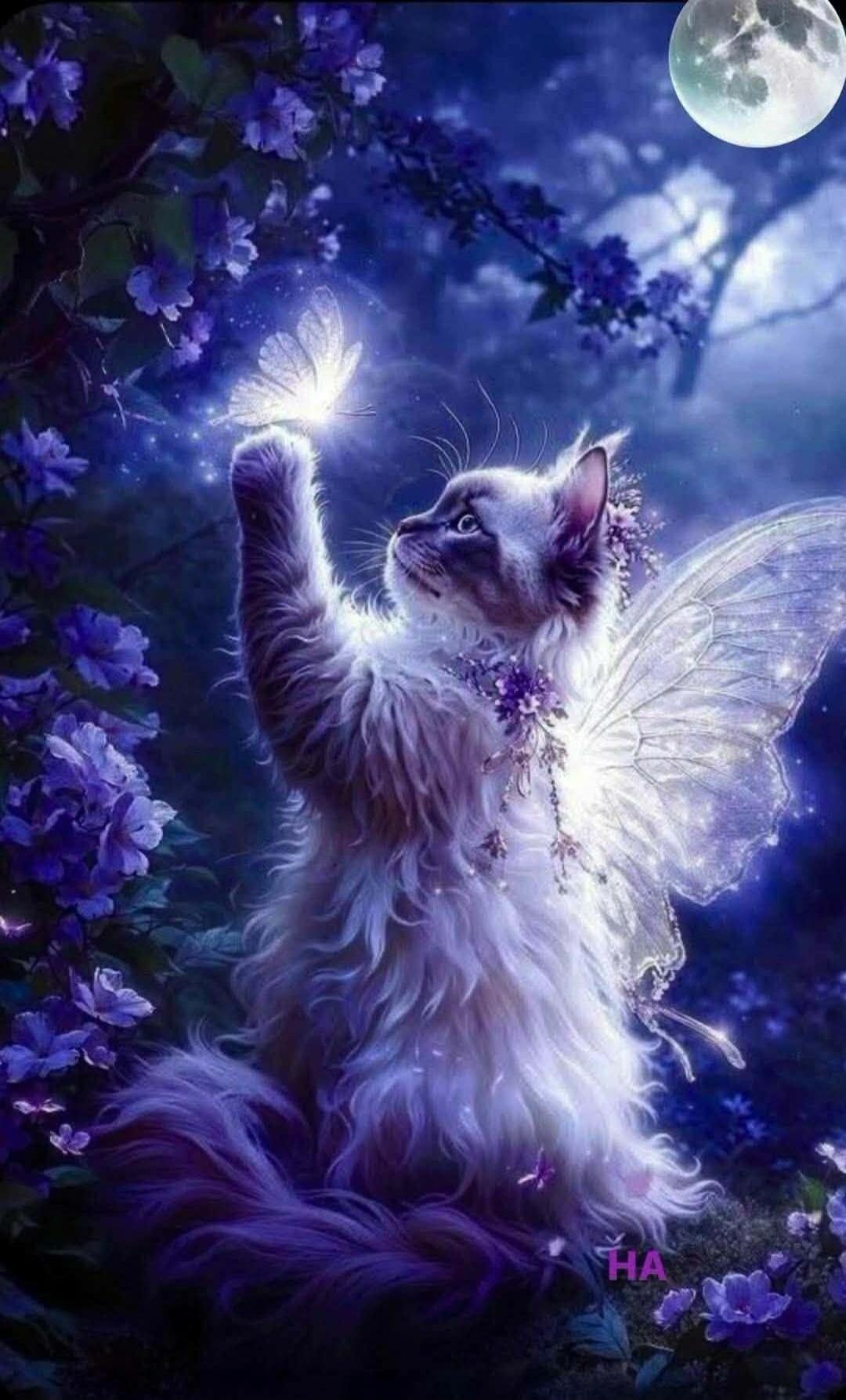 A magical cat with glowing fairy wings reaches out to a luminous butterfly in a mystical forest at night, under a full moon. Purple flowers adorn the scene. Text on screen: HA.
